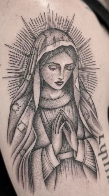 Black & Grey + Dot-work virgin mary tattoo on Upper Arm by Taking_Art_2_The_Streets_1 on TattMe