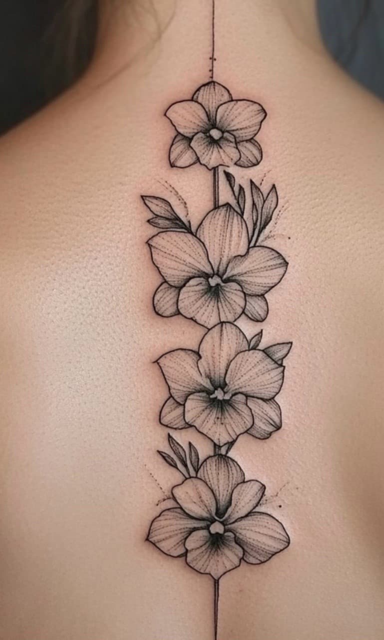 Fine Line + Floral orchids tattoo on Spine by Taking_Art_2_The_Streets_1 on TattMe