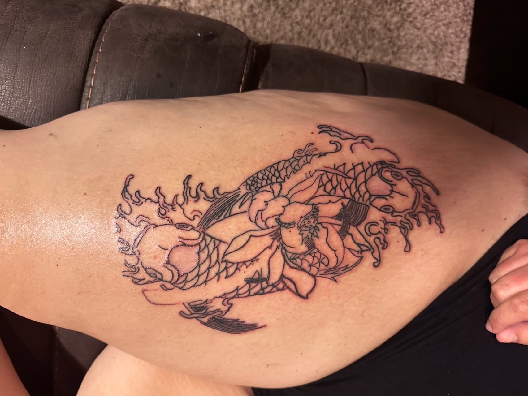 Line-work + Japanese koi fish tattoo on Thigh by Taking_Art_2_The_Streets_1 on TattMe