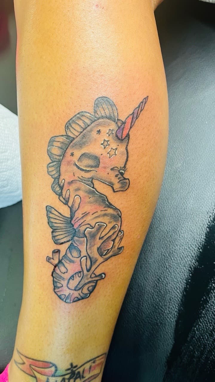 Illustrative + Color seahorse tattoo on Calf by Taking_Art_2_The_Streets_1 on TattMe