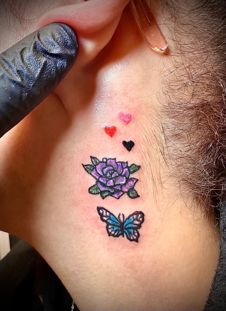 Color + Floral hearts tattoo on Behind Ear by Taking_Art_2_The_Streets_1 on TattMe