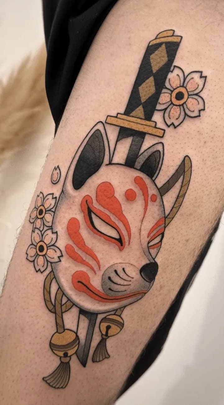 Japanese + Color fox mask tattoo on Upper Arm by Taking_Art_2_The_Streets_1 on TattMe