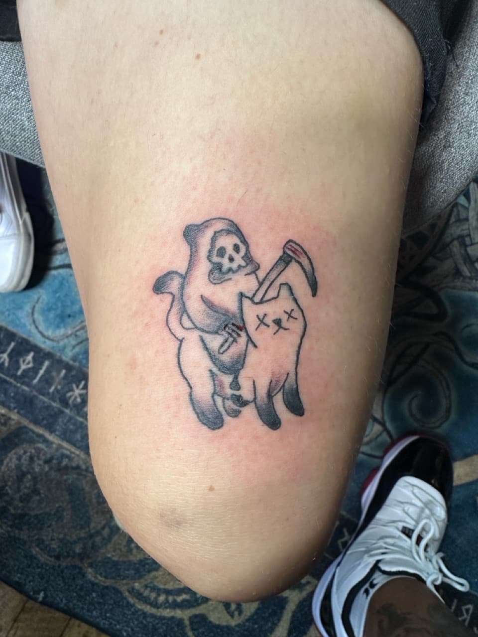 Cartoon + Black & Grey grim reaper tattoo on Thigh by Taking_Art_2_The_Streets_1 on TattMe