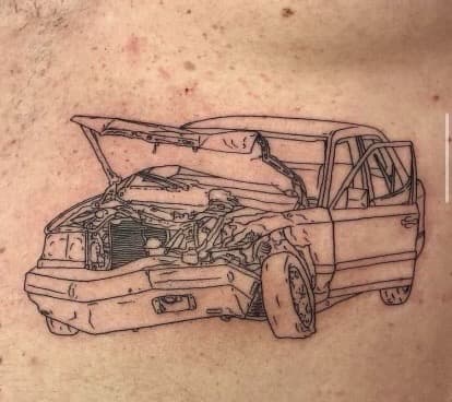 Line-work + Fine Line car tattoo on Chest by Taking_Art_2_The_Streets_1 on TattMe