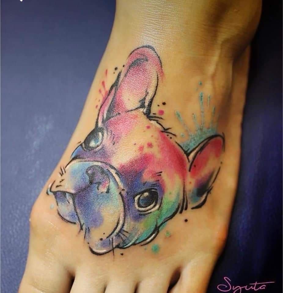 Watercolor + Animals french bulldog tattoo on Foot by Taking_Art_2_The_Streets_1 on TattMe