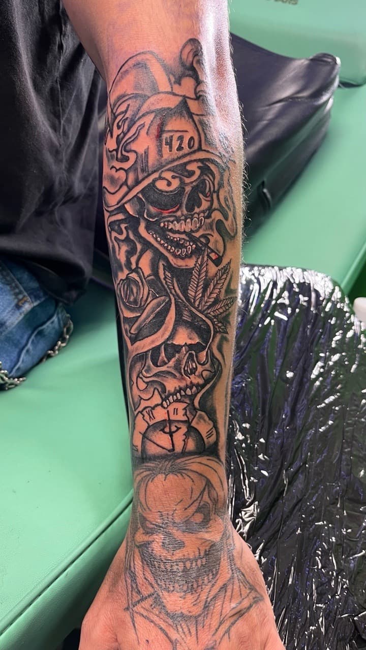 Black & Grey + Illustrative skulls tattoo on Forearm by Taking_Art_2_The_Streets_1 on TattMe