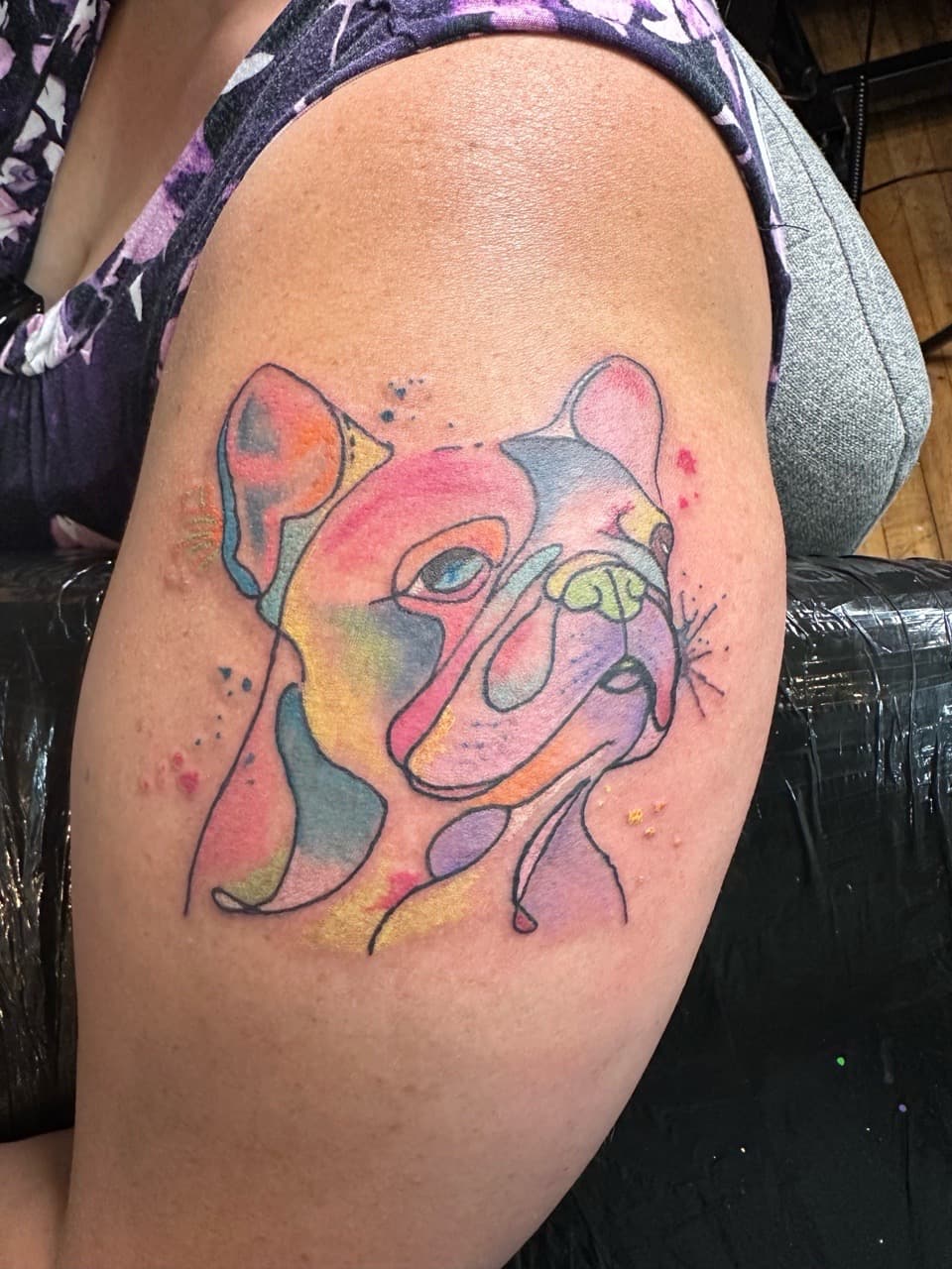 Color + Watercolor dog tattoo on Upper Arm by Taking_Art_2_The_Streets_1 on TattMe