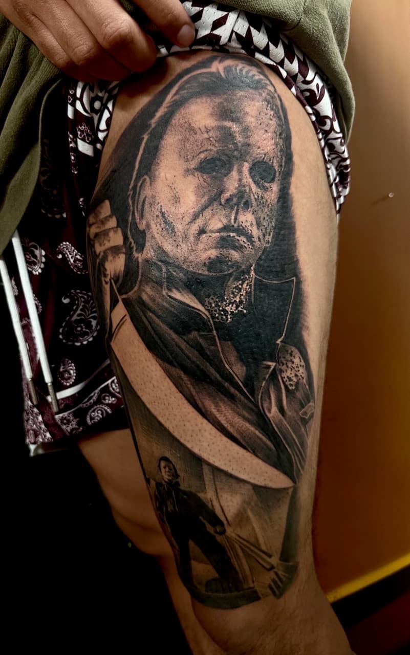 Black & Grey + Realism michael myers tattoo on Thigh by Danny_Orellana on TattMe
