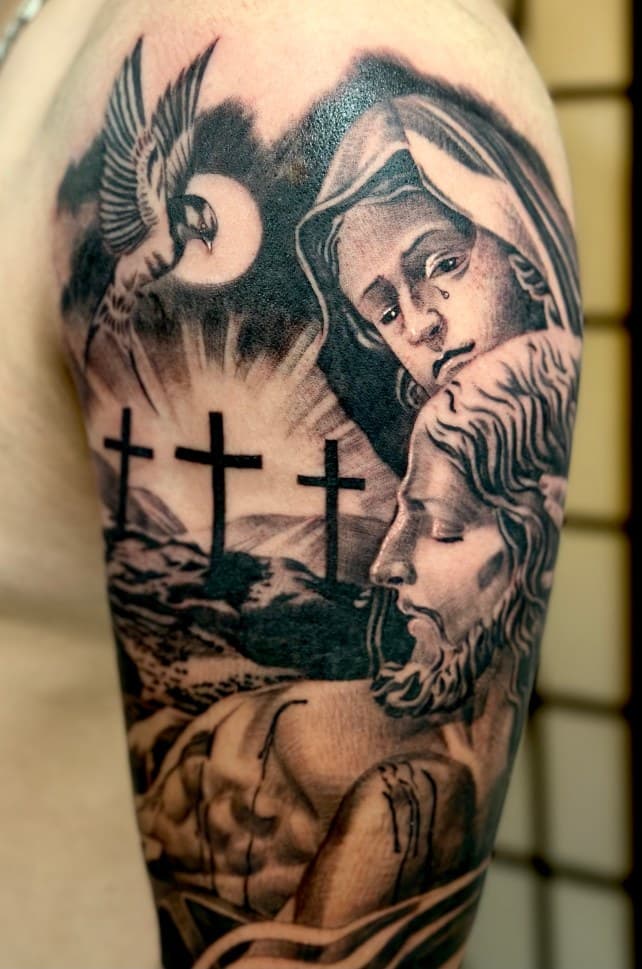 Black & Grey + Realism jesus tattoo on Upper Arm by Danny_Orellana on TattMe