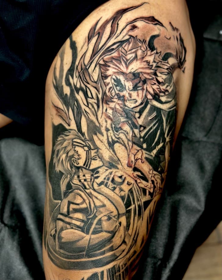 Anime + Black & Grey characters tattoo on Thigh by Danny_Orellana on TattMe