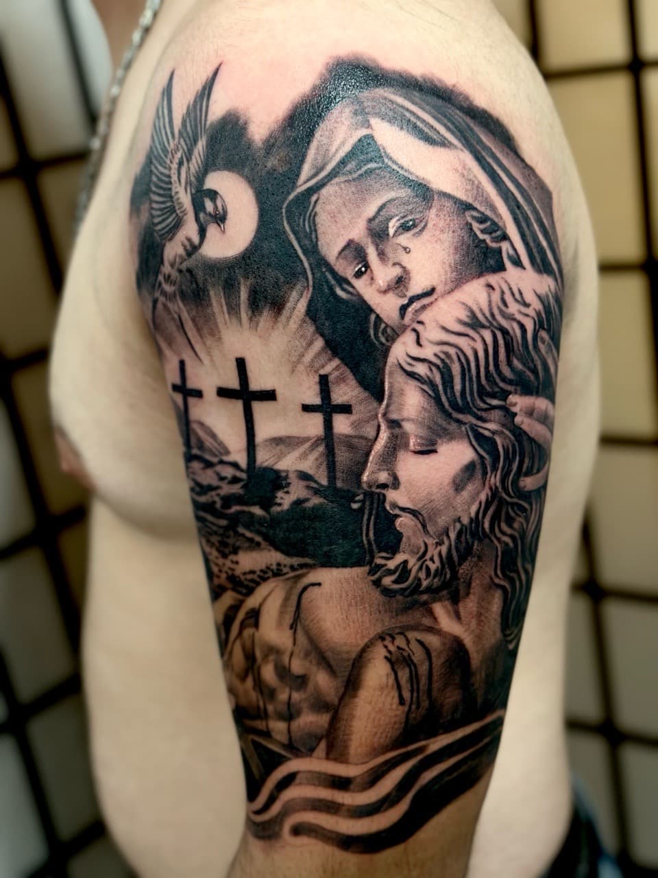 Black & Grey + Realism virgin mary tattoo on Upper Arm by Danny_Orellana on TattMe