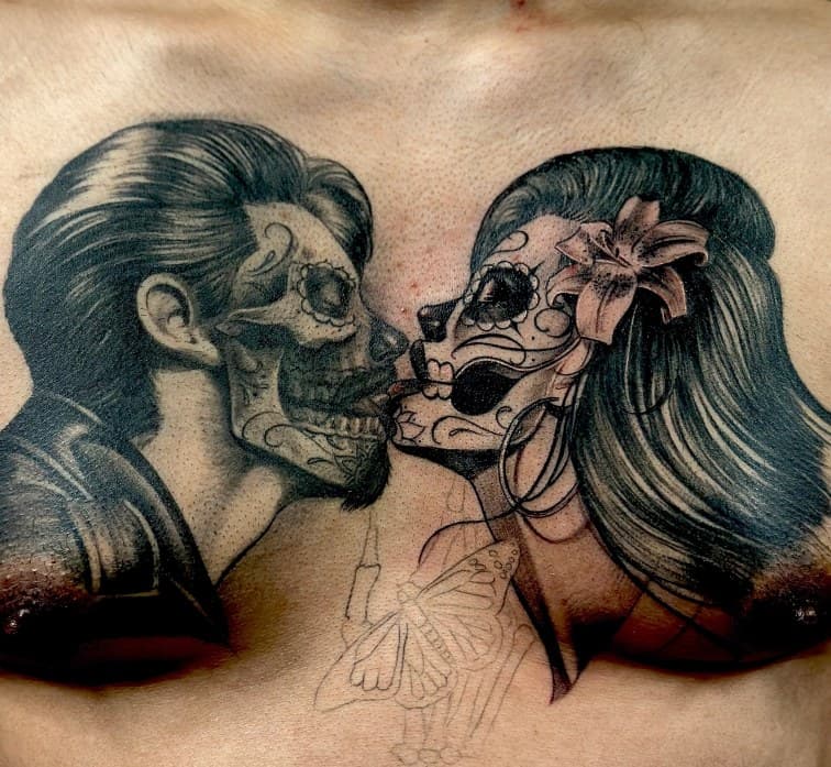 Black & Grey + Illustrative calavera tattoo on Chest by Danny_Orellana on TattMe