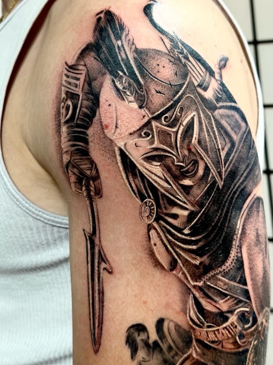 Black & Grey + Realism warrior tattoo on Upper Arm by Danny_Orellana on TattMe