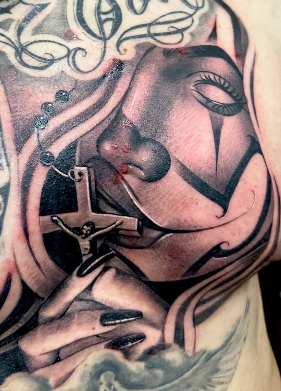 Black & Grey + Chicano woman tattoo on Chest by Danny_Orellana on TattMe