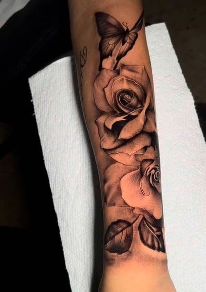 Black & Grey + Floral roses tattoo on Forearm by SalinasTatto on TattMe