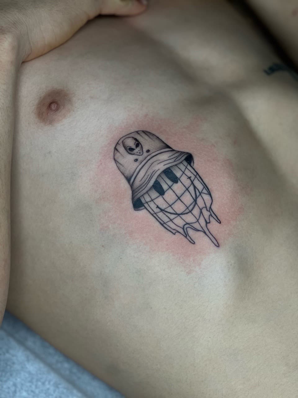Black-work + Illustrative alien tattoo on Chest by SalinasTatto on TattMe