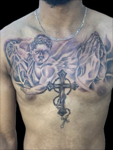 Black & Grey + Realism cherub tattoo on Chest by Blessed_Ink_Therapy on TattMe