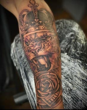 Black & Grey + Illustrative Realism lion tattoo on Forearm by Blessed_Ink_Therapy on TattMe
