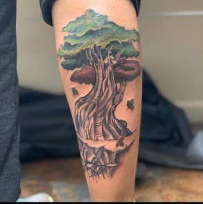 Illustrative + Color tree tattoo on Calf by Blessed_Ink_Therapy on TattMe
