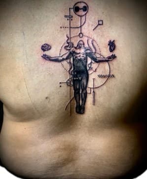 Fine Line + Black & Grey human figure tattoo on Upper Back by Blessed_Ink_Therapy on TattMe