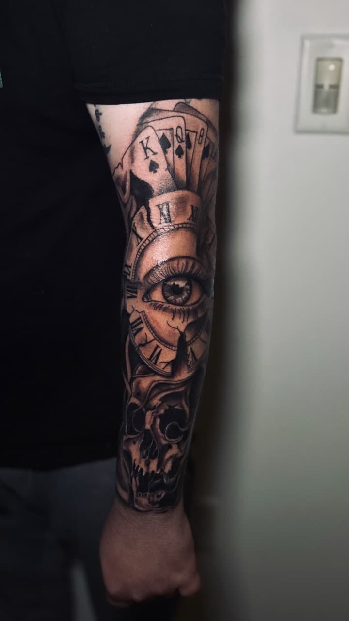 Black & Grey + Realism playing cards tattoo on Full Sleeve by KG_PURE on TattMe