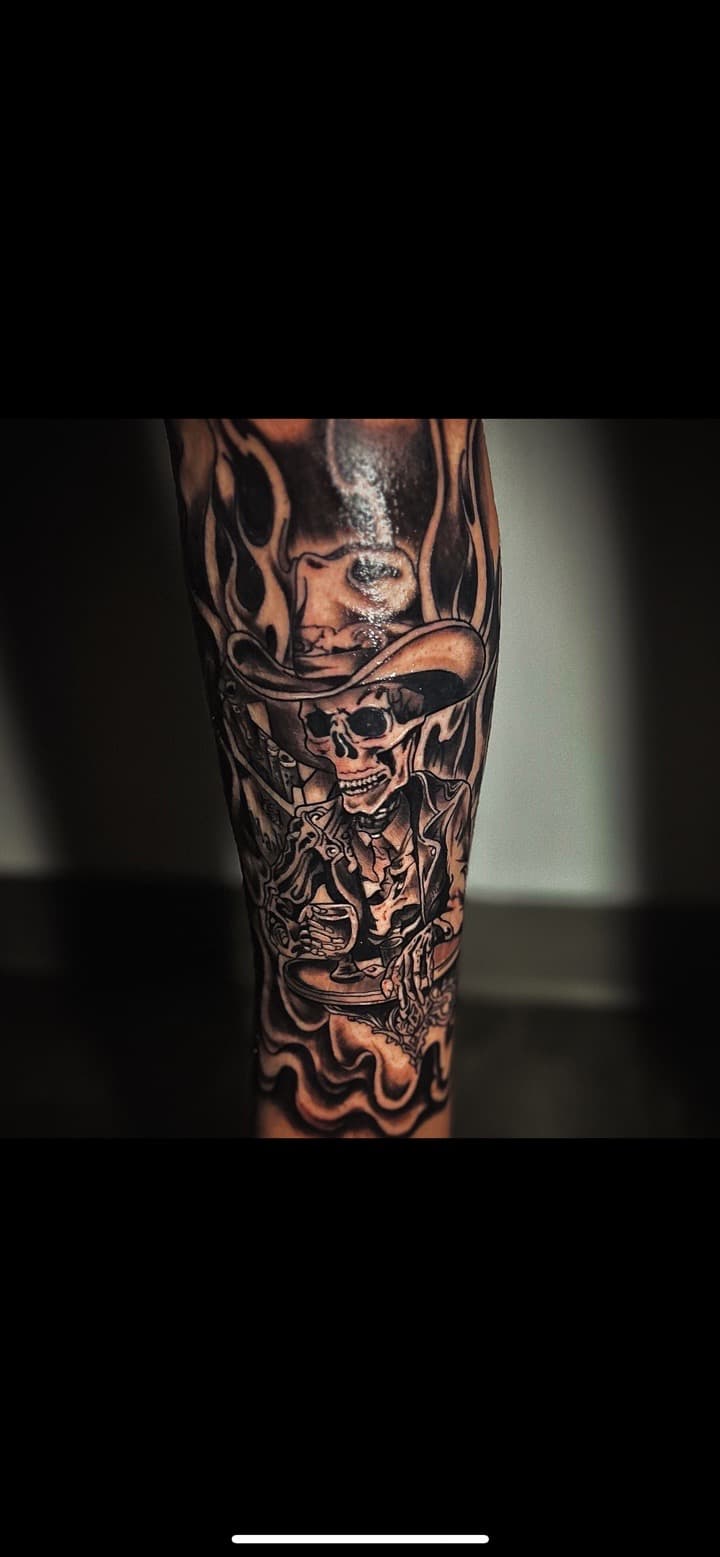 Black & Grey + Illustrative skeleton tattoo on Calf by KG_PURE on TattMe