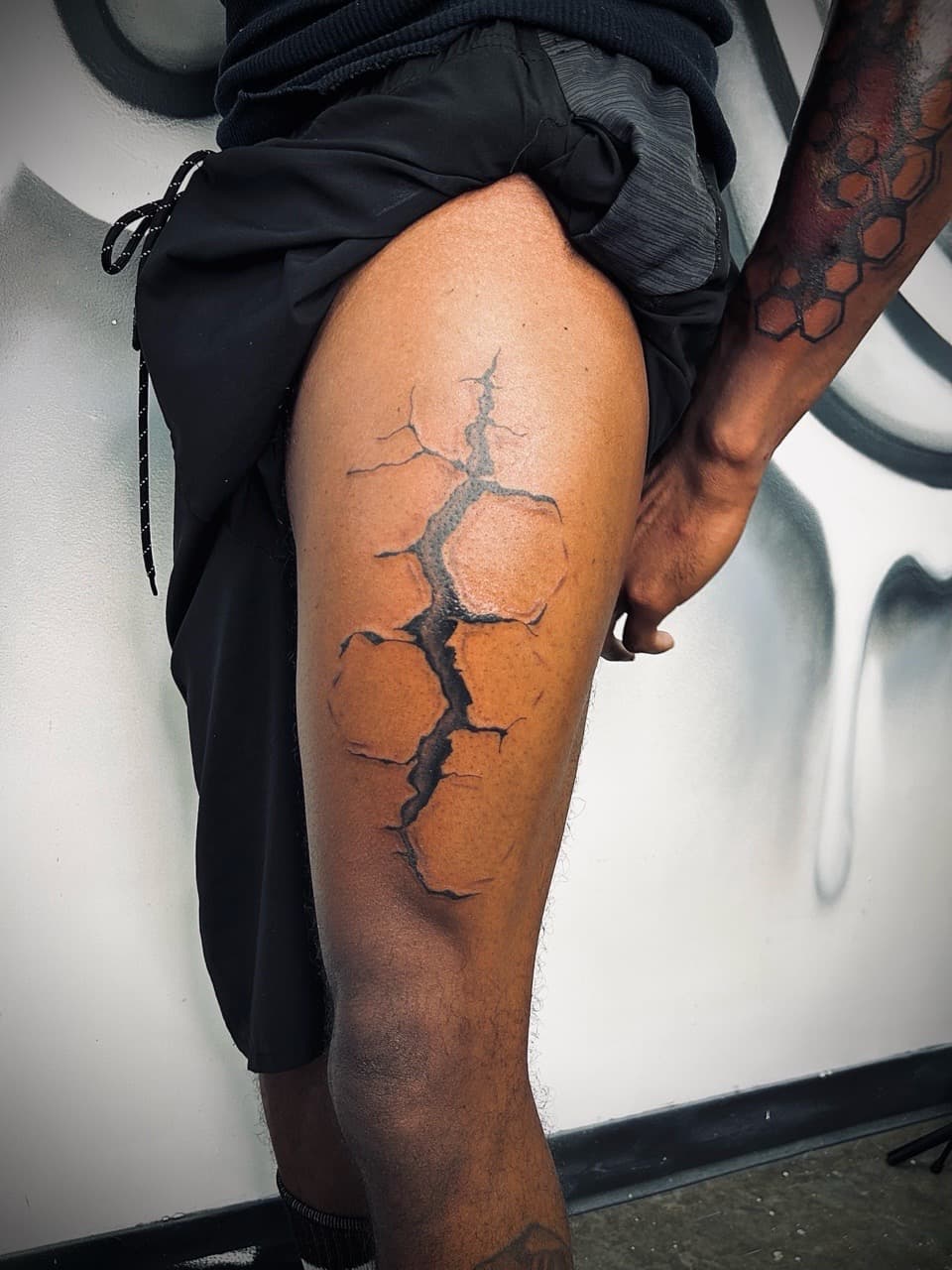 Black & Grey + Realism cracks tattoo on Thigh by KG_PURE on TattMe