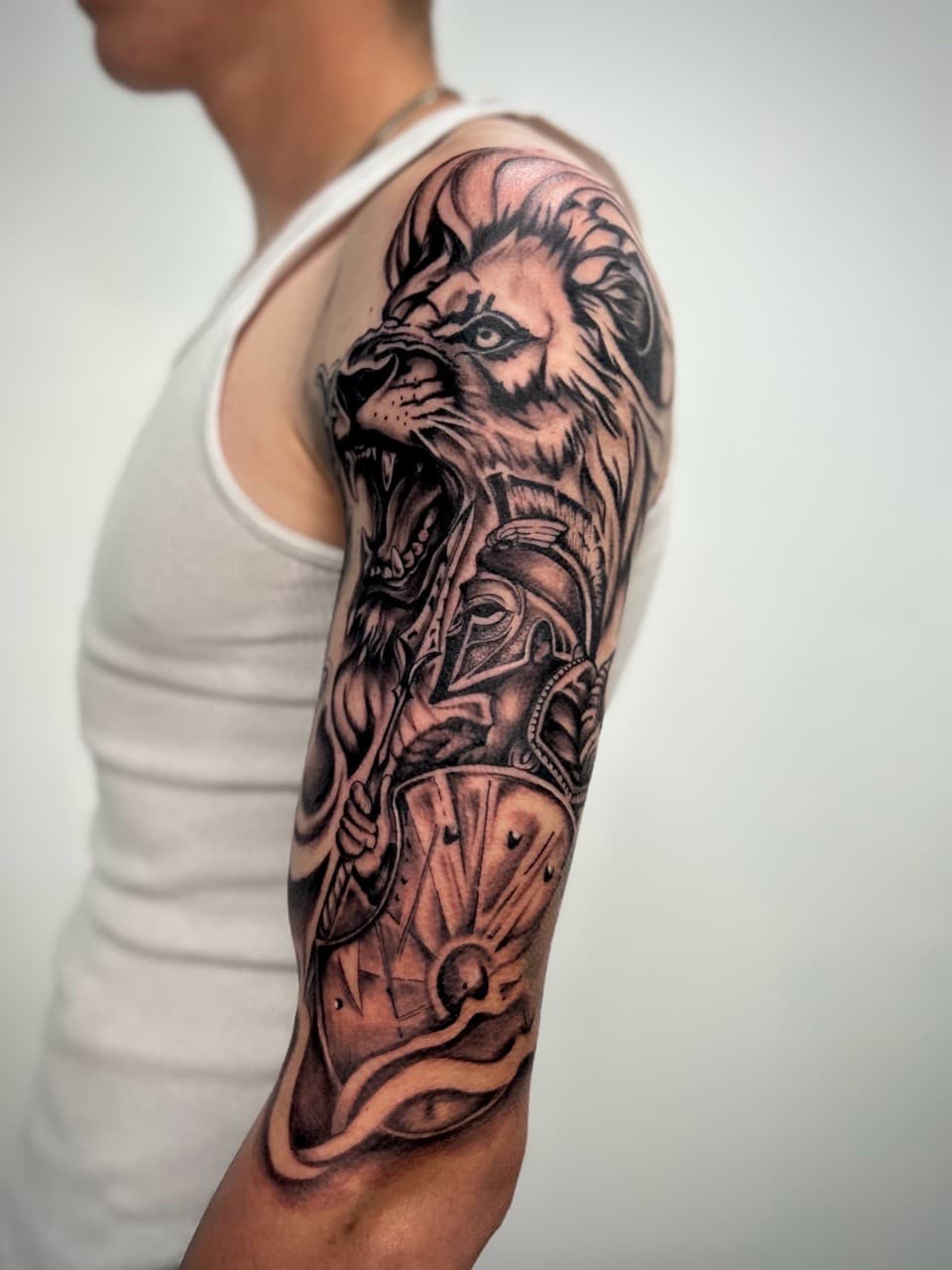 Black & Grey + Realism lion tattoo on Half Sleeve by KG_PURE on TattMe