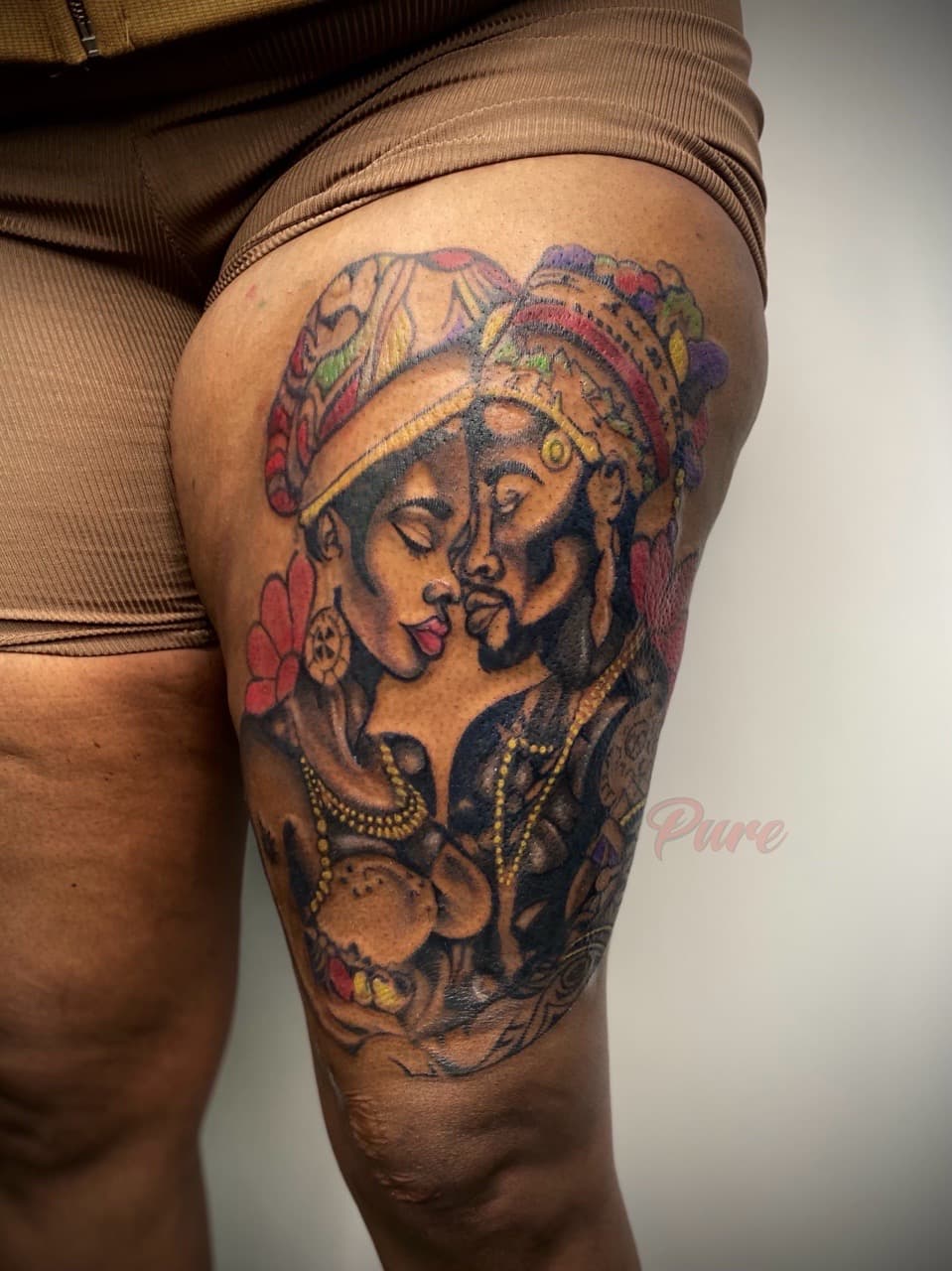 Color + Illustrative couple tattoo on Thigh by KG_PURE on TattMe