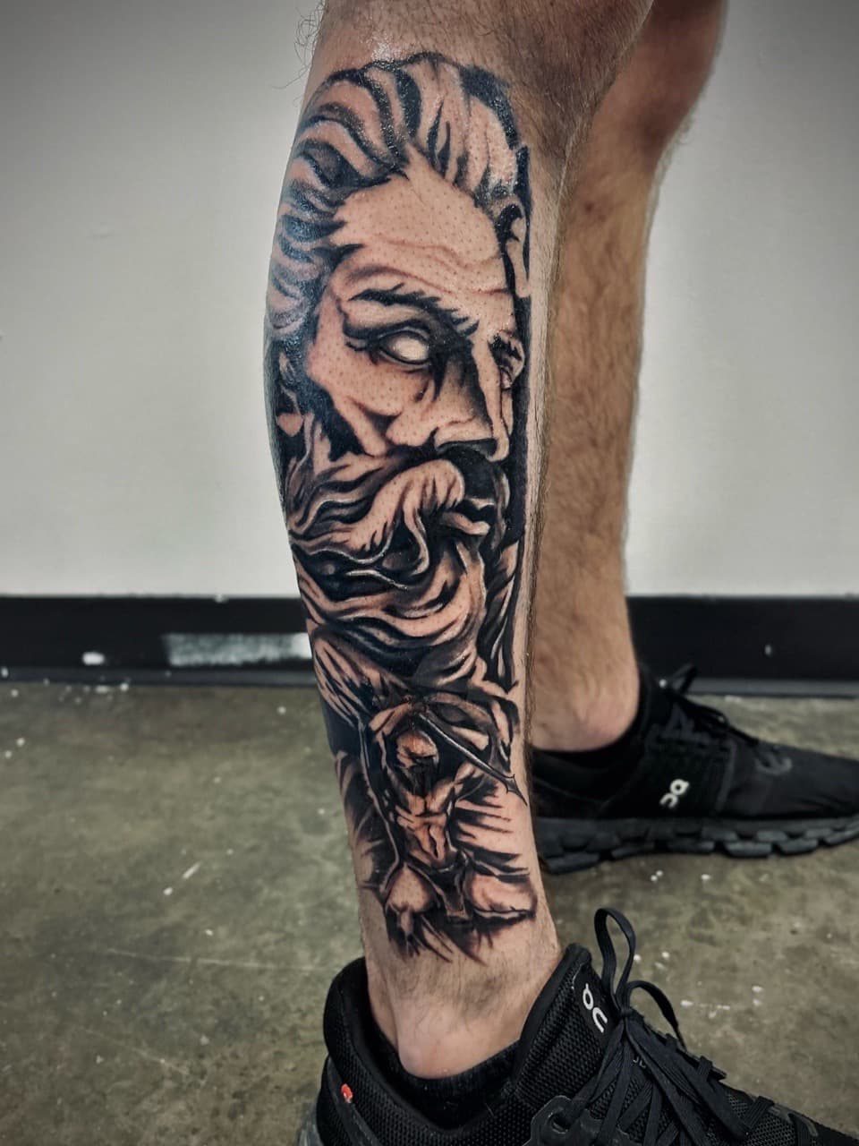 Black & Grey + Realism man tattoo on Shin by KG_PURE on TattMe