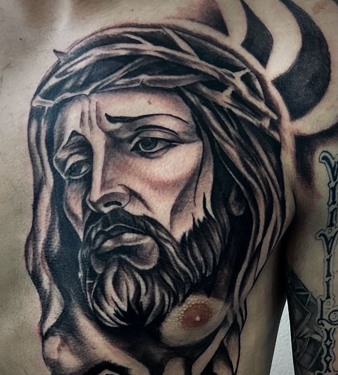 Black & Grey + Realism jesus tattoo on Chest by KG_PURE on TattMe
