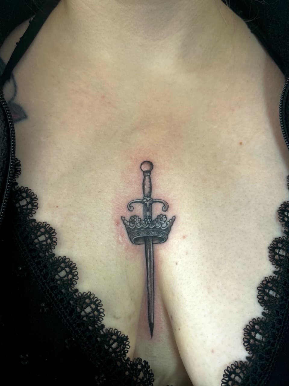 Black & Grey + Fine Line sword tattoo on Sternum by KG_PURE on TattMe