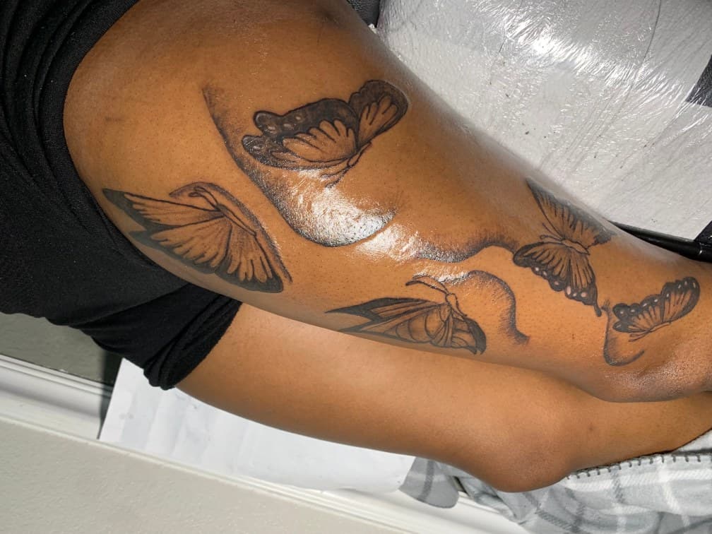 Black & Grey + Illustrative butterflies tattoo on Calf by Diorrvee on TattMe