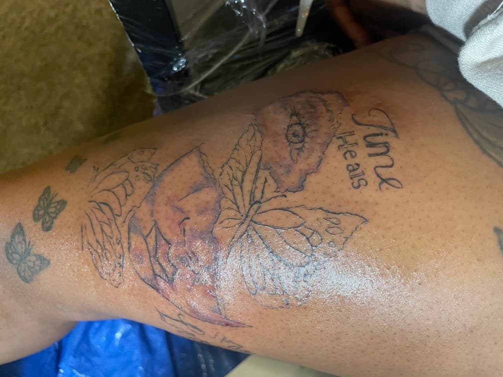 Line-work + Script woman tattoo on Thigh by Princessyz_Ink on TattMe