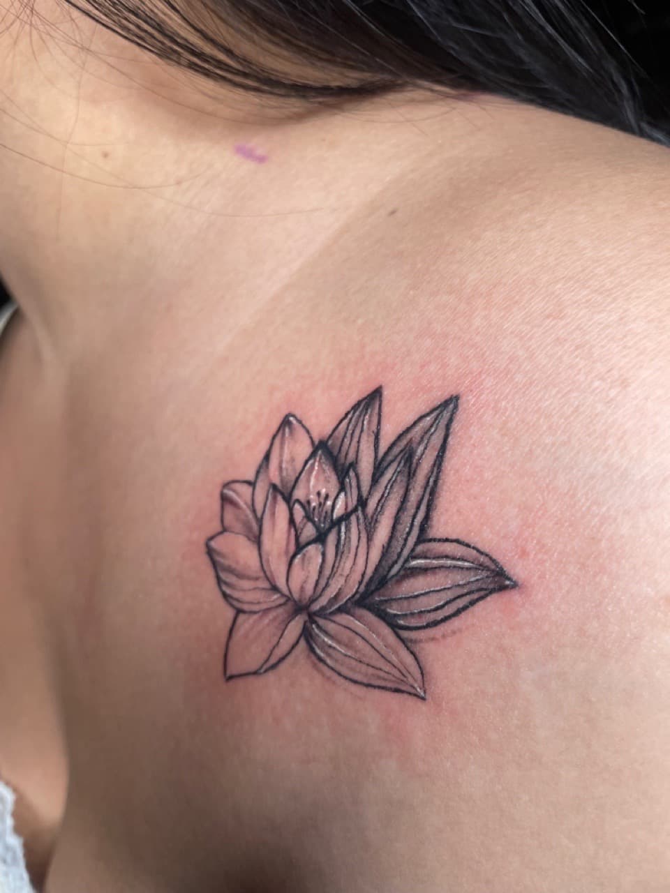Fine Line + Floral lotus tattoo on Shoulder Blade by Princessyz_Ink on TattMe