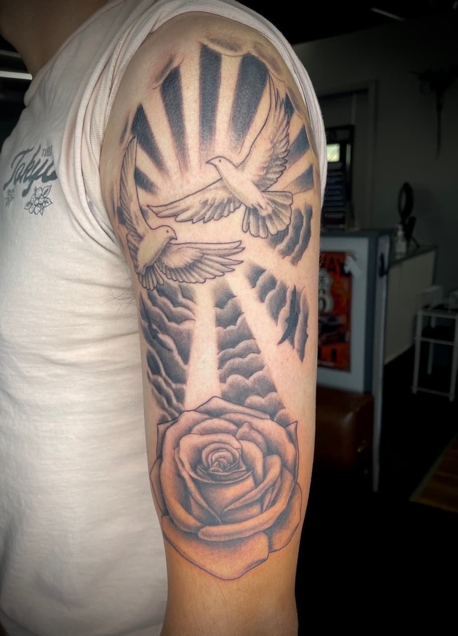 Black & Grey + Realism doves tattoo on Upper Arm by Dark_Alchemy_Studios on TattMe