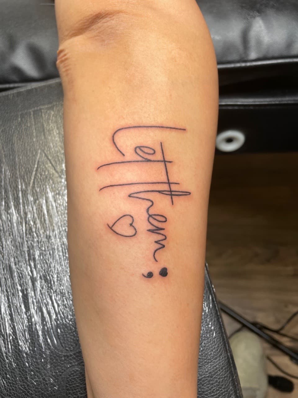 Script + Fine Line heart tattoo on Forearm by Dark_Alchemy_Studios on TattMe