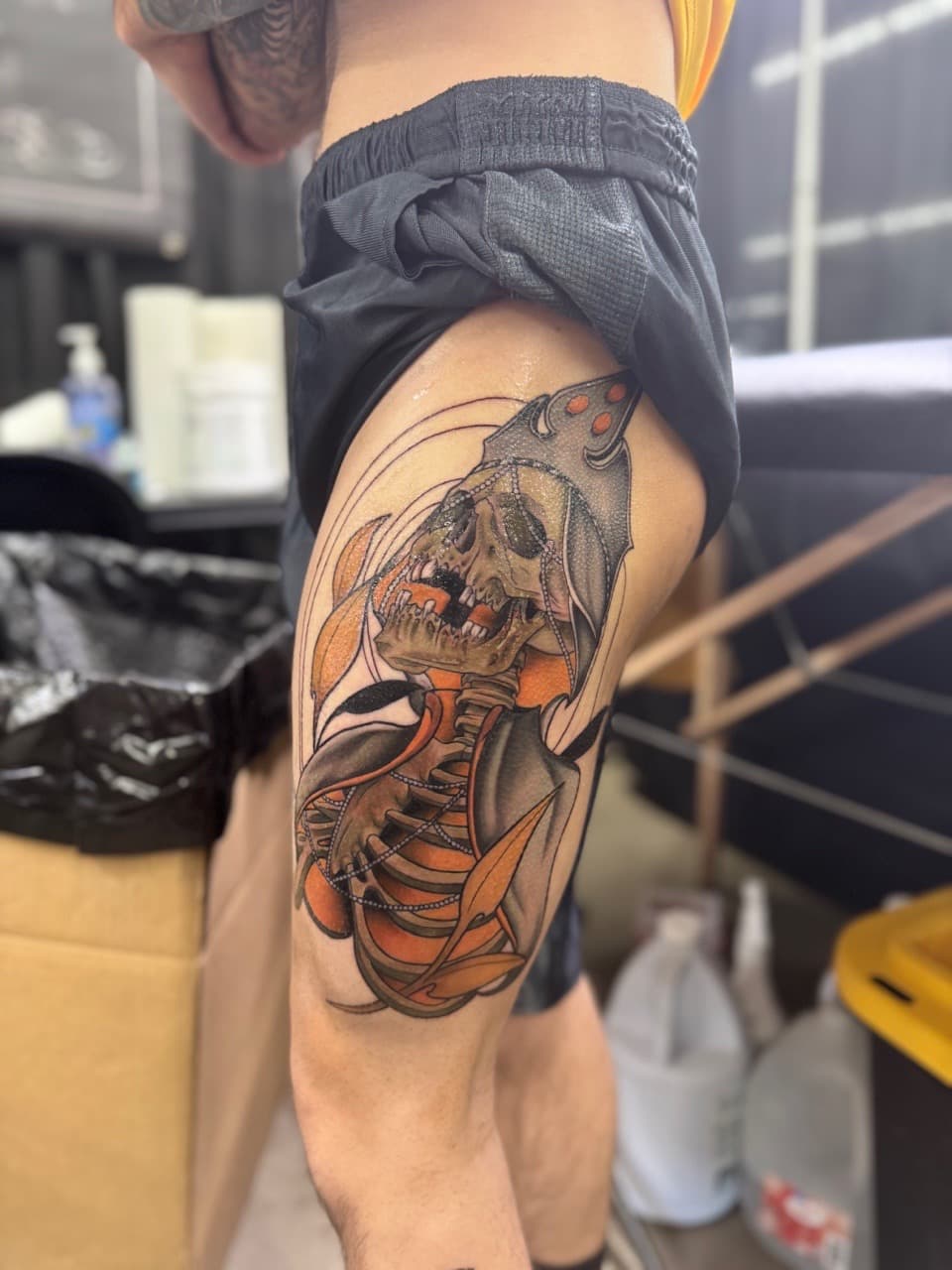 Neo-Traditional + Illustrative skeleton tattoo on Thigh by Dark_Alchemy_Studios on TattMe