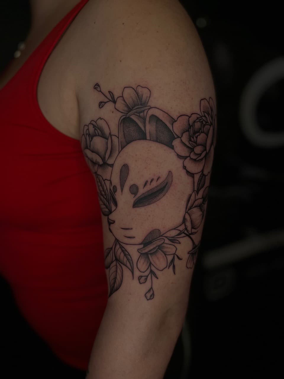 Black & Grey + Floral kitsune tattoo on Upper Arm by Dark_Alchemy_Studios on TattMe