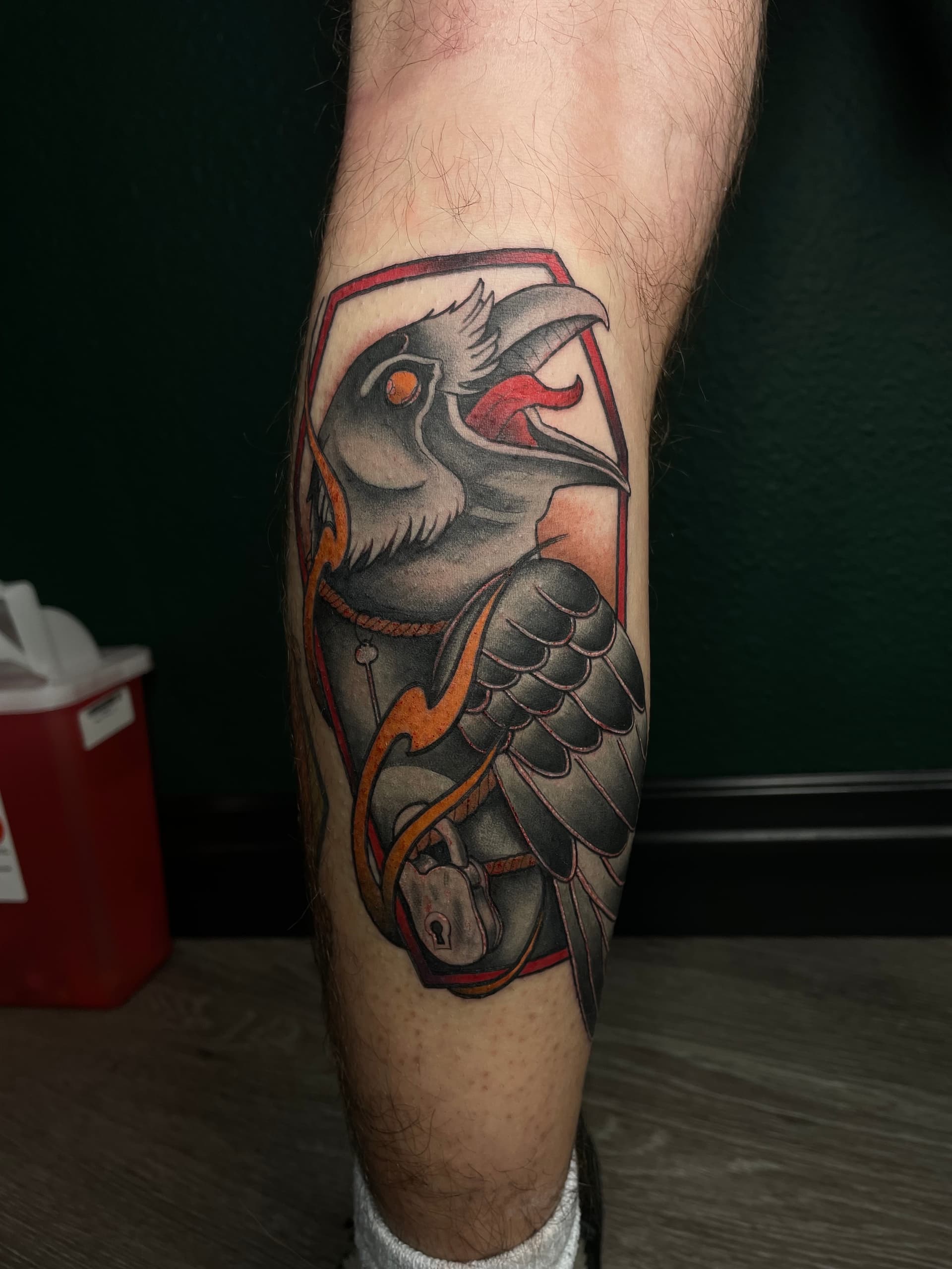 Neo-Traditional + Black & Grey raven tattoo on Calf by Dark_Alchemy_Studios on TattMe