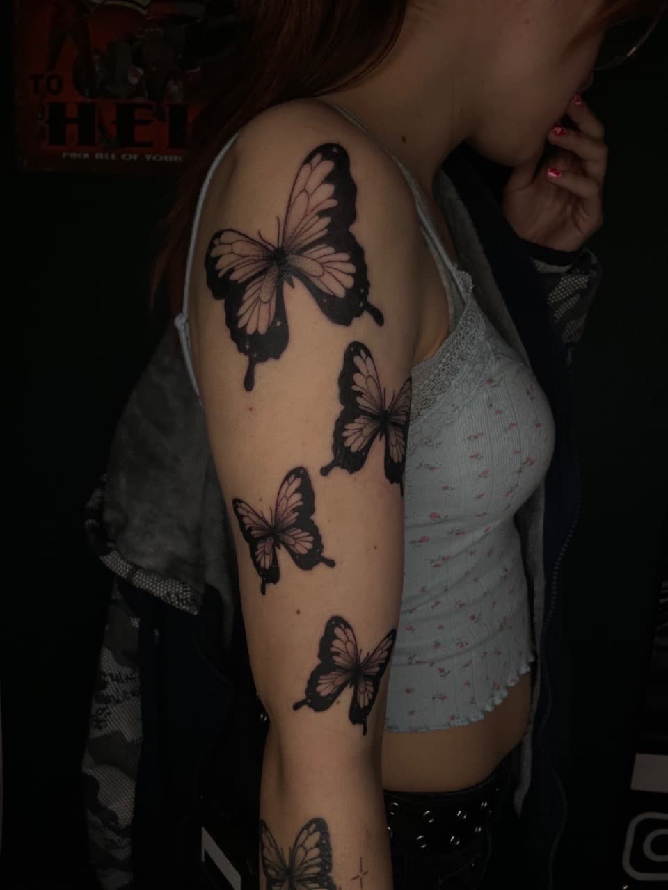 Black-work + Fine Line butterflies tattoo on Upper Arm by Dark_Alchemy_Studios on TattMe