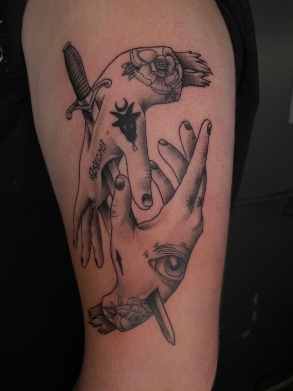 Black & Grey + Illustrative hands tattoo on Upper Arm by Dark_Alchemy_Studios on TattMe