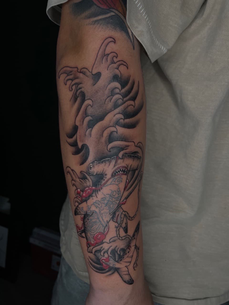 Japanese + Black & Grey hammerhead shark tattoo on Forearm by Dark_Alchemy_Studios on TattMe