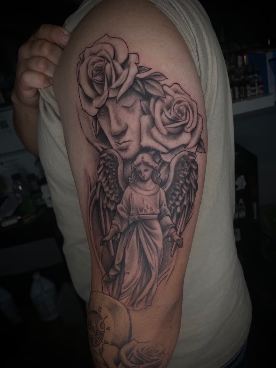 Black & Grey + Realism woman tattoo on Upper Arm by Dark_Alchemy_Studios on TattMe