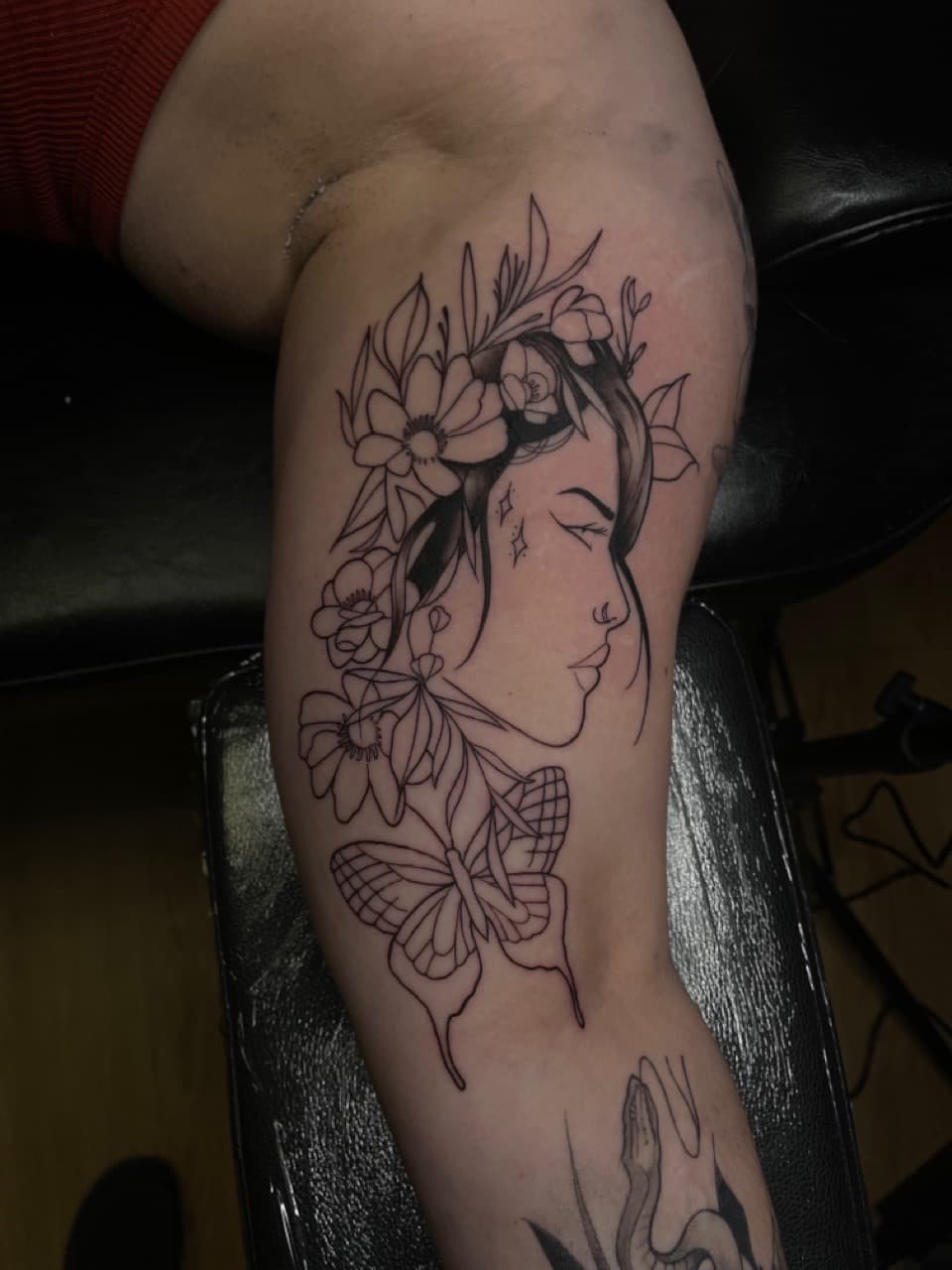 Fine Line + Floral woman tattoo on Upper Arm by Dark_Alchemy_Studios on TattMe