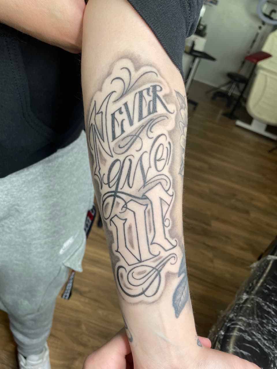 Lettering + Script shading tattoo on Forearm by Dark_Alchemy_Studios on TattMe
