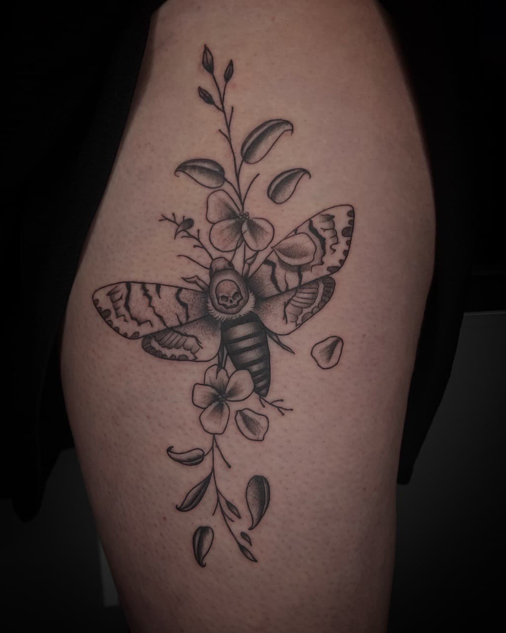 Black & Grey + Illustrative moth tattoo on Thigh by Dark_Alchemy_Studios on TattMe