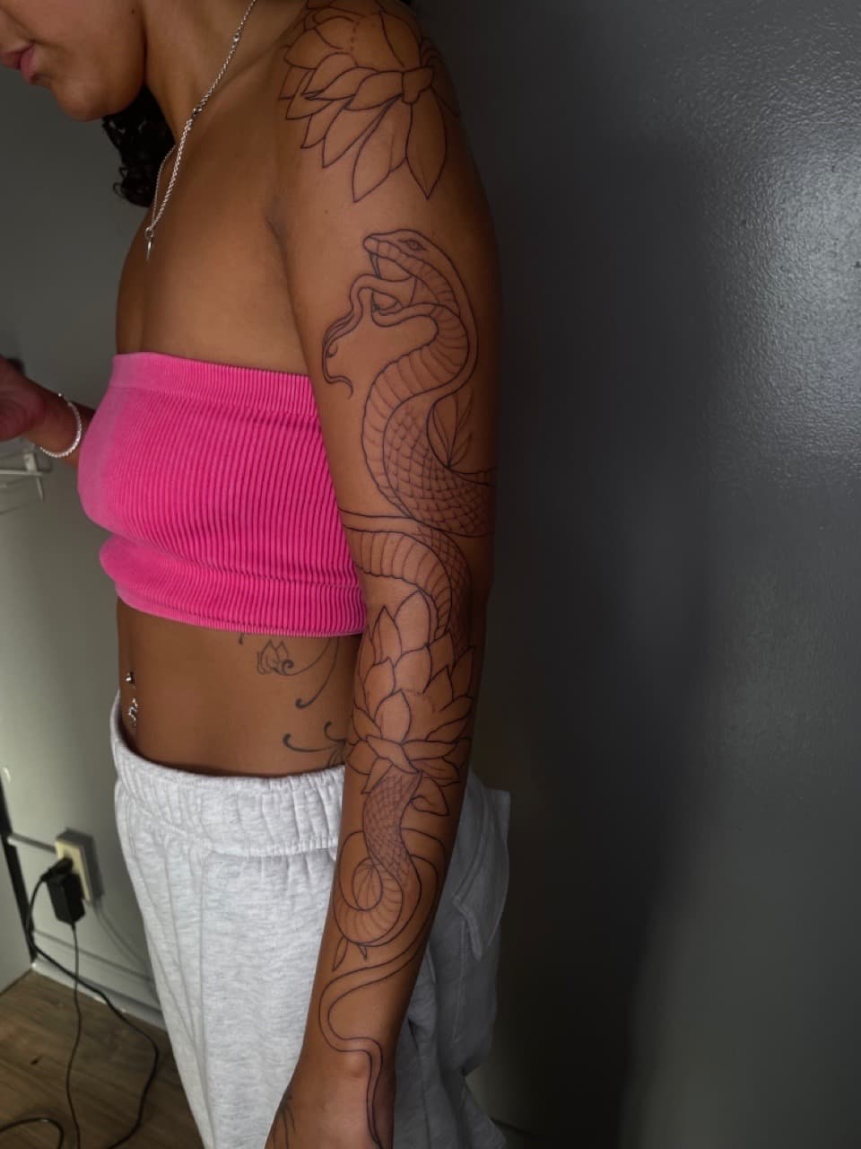 Line-work + Floral snake tattoo on Half Sleeve by Dark_Alchemy_Studios on TattMe