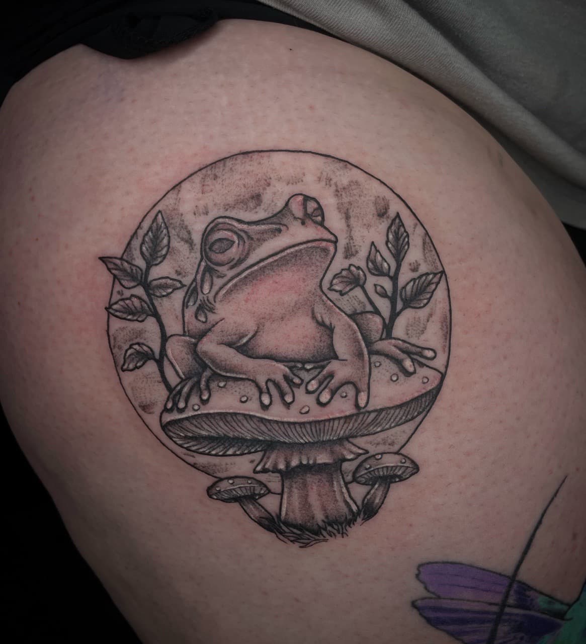 Black & Grey + Illustrative frog tattoo on Thigh by Dark_Alchemy_Studios on TattMe