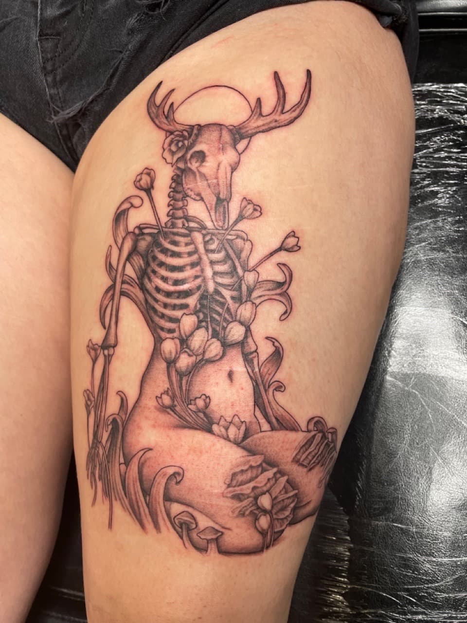 Black & Grey + Illustrative deer tattoo on Thigh by Dark_Alchemy_Studios on TattMe